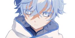 Rule 34 | 1boy, aahaha (ydasige11), blue eyes, blue hair, chongyun (genshin impact), close-up, closed mouth, crossed bangs, genshin impact, hair between eyes, hood, hood down, light blue hair, male focus, portrait, simple background, solo, white background