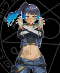 Rule 34 | 1girl, absurdres, black hair, blue shorts, breasts, chest jewel, cosplay, crossover, demi-fiend (cosplay), fiery hair, full-body tattoo, glowing lines, hair ornament, hairclip, hammer, highres, demi-fiend, leggings, looking at viewer, multicolored hair, navel, sena (xenoblade), shin megami tensei, shin megami tensei iii: nocturne, shorts, shoulder strap, simple background, small breasts, solo, sports bra, tan, tank top, tattoo, xenoblade chronicles (series), xenoblade chronicles 3, zipperqr