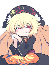 Rule 34 | 1girl, @ @, black dress, black headwear, blonde hair, blush stickers, chahan (fried rice0614), chinese clothes, closed mouth, dress, highres, junko (touhou), long hair, long sleeves, phoenix crown, red eyes, simple background, smile, solo, touhou, upper body, white background, wide sleeves