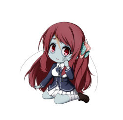 Rule 34 | 10s, bandages, bow, breasts, chibi, hair bow, hair ornament, highres, kneeling, kuena, long hair, minamoto sakura, open mouth, polka dot, red eyes, red hair, scar on face, scar on forehead, school uniform, shoes, solo, underbust, zombie, zombie land saga