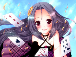 Rule 34 | 00s, 1girl, 3a07, blue hair, blush, breasts, card, cleavage, floating card, flower, hair ornament, highres, idolmaster, idolmaster (classic), large breasts, long hair, meiya neon, miura azusa, playing card, red eyes, solo