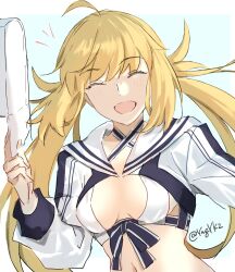 Rule 34 | 1girl, ahoge, artoria caster (fate), artoria caster (swimsuit) (fate), artoria caster (swimsuit) (first ascension) (fate), artoria pendragon (fate), baseball cap, bikini, black ribbon, blonde hair, breasts, closed eyes, criss-cross halter, cropped jacket, fate/grand order, fate (series), halterneck, hand up, hat, highres, holding, holding clothes, holding hat, jacket, light blush, long hair, long sleeves, navel, open mouth, ribbon, simple background, small breasts, smile, solo, striped clothes, striped jacket, striped ribbon, swimsuit, twintails, twitter username, unworn hat, unworn headwear, upper body, white background, white bikini, white hat, white jacket, ymgyk2
