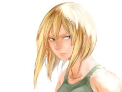 Rule 34 | 10s, 1girl, bare shoulders, blonde hair, blue eyes, closed mouth, comra, female focus, hair between eyes, lips, michelle k. davis, nose, portrait, short hair, simple background, solo, tank top, terra formars, tsurime, white background, wind