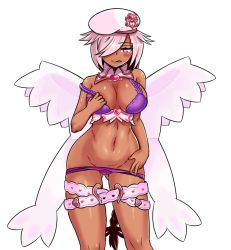 Rule 34 | 1girl, :q, beret, blush, bra, braid, breasts, cupid (monster girl encyclopedia), dark-skinned female, dark skin, detached collar, gluteal fold, hair over one eye, hand on own hip, hat, heart, heart-shaped pupils, highres, large breasts, licking lips, long hair, looking at viewer, monster girl encyclopedia, nav (itsnav), navel, off shoulder, panties, panty pull, pink eyes, pink hair, purple bra, purple panties, simple background, single braid, solo, symbol-shaped pupils, tongue, tongue out, underwear, undressing, very long hair, white background