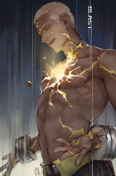 Rule 34 | 1boy, buzz cut, closed eyes, cracked skin, dark-skinned male, dark skin, emiya alter, emiya alter (third ascension) (fate), fate/grand order, fate (series), glowing, guttia, highres, kintsugi, male focus, open hands, short hair, solo, topless male, very short hair, white hair, wrist guards