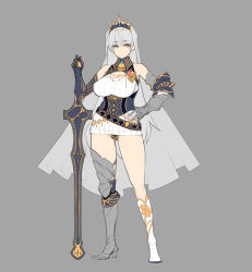 Rule 34 | armor, breasts, cape, cleavage, concept art, gauntlets, grey hair, hayama kazusa, huge breasts, large breasts, sweater, sword, weapon