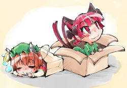 Rule 34 | 2girls, :3, = =, animal ears, bag, bow, box, braid, brown hair, cat ears, cat girl, cat tail, chen, dress, earrings, extra ears, female focus, gradient background, hair bow, hat, highres, in bag, in box, in container, jewelry, kaenbyou rin, long sleeves, looking up, lying, mob cap, multiple girls, multiple tails, on stomach, pointy ears, red eyes, red hair, shinapuu, single braid, single earring, sleeping, tail, touhou