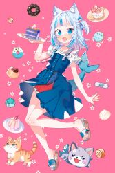 Rule 34 | 1girl, absurdres, asami-chan, bare legs, blue dress, blue eyes, blue hair, blue nails, blunt bangs, cake, cake slice, cat, cat girl, doughnut, dress, feet, fins, fish tail, food, fork, frilled sleeves, frills, full body, gawr gura, gawr gura (casual), gelatin, grey hair, hair ornament, hand up, highres, holding, holding plate, hololive, hololive english, knees together feet apart, legs, looking at viewer, medium hair, multicolored hair, nail polish, official alternate costume, one side up, open mouth, pink background, plate, shark girl, shark print, shark tail, sharp teeth, short sleeves, solo, streaked hair, tail, teeth, toenail polish, toenails, toes, virtual youtuber