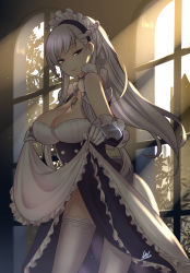 Rule 34 | 1girl, absurdres, apron, azur lane, bare shoulders, belfast (azur lane), blue eyes, braid, breasts, chain, cleavage, french braid, frilled apron, frilled gloves, frills, gloves, highres, large breasts, long hair, lrig, maid, maid apron, maid headdress, silver hair, solo, standing, waist apron, white apron, white gloves