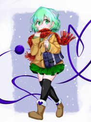Rule 34 | 1girl, alternate costume, ankle boots, bag, black thighhighs, boots, brown footwear, buttons, eyeball, fur-trimmed boots, fur boots, fur trim, gozen (gozen0707), green eyes, green hair, green shirt, green skirt, heart, heart of string, highres, jacket, komeiji koishi, miniskirt, no headwear, no headwear, plaid, plaid scarf, red scarf, scarf, shirt, shoulder bag, simple background, skirt, snowflakes, solo, thighhighs, third eye, touhou, white background, winter clothes, yellow jacket
