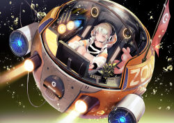 Rule 34 | 1girl, air bubble, black shirt, brown eyes, bubble, closed mouth, commentary request, dive to zone, flag, glowing, grey hair, headphones, headset, highres, hood, hood down, hooded jacket, jacket, knees up, kouka (mrakano5456), long sleeves, looking away, monitor, open clothes, open jacket, power symbol, puffy long sleeves, puffy sleeves, shirt, sitting, solo, stuffed animal, stuffed rabbit, stuffed toy, submarine, underwater, water, watercraft, white jacket
