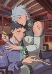 Rule 34 | 2boys, architecture, black hair, building, chinese clothes, chinese commentary, dress, east asian architecture, expressionless, green dress, green nails, grey hair, hair between eyes, hand fan, hand on another&#039;s shoulder, hatake kakashi, heterochromia, highres, holding, holding fan, holding removed eyewear, looking at viewer, looking to the side, male focus, multiple boys, naruto (series), naruto shippuuden, pain losing, parted lips, patterned clothing, purple robe, rinnegan, robe, scar, scar across eye, scar on face, sharingan, short hair, shoulder tattoo, sitting, sitting on lap, sitting on person, tassel, tattoo, turtleneck, uchiha obito, uchiha symbol, unworn eyewear, very short hair, wave print, yaoi