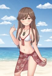 Rule 34 | 1girl, alternate costume, arashio (kancolle), beach, bikini, blue sky, brown eyes, brown hair, cloud, day, feet out of frame, floral print, front-tie bikini top, front-tie top, highres, horizon, index finger raised, jewelry, kantai collection, konato k, long hair, necklace, ocean, outdoors, red sarong, sarong, sky, solo, standing, swimsuit, white bikini