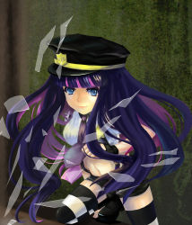 Rule 34 | 10s, 1girl, adapted uniform, blue eyes, broken glass, colored inner hair, fingerless gloves, glass, gloves, hat, highres, long hair, multicolored hair, panty &amp; stocking with garterbelt, papillonlaurant, peaked cap, police, police uniform, solo, stocking (psg), striped clothes, striped thighhighs, thighhighs, two-tone hair, uniform, zettai ryouiki