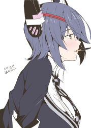 Rule 34 | 1girl, artist name, black jacket, checkered necktie, dated, eyepatch, food, headgear, highres, jacket, kantai collection, mouth hold, necktie, pocky, purple hair, short hair, simple background, solo, taira yuuki, tenryuu (kancolle), upper body, white background