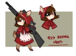 Rule 34 | 1girl, animal ears, apple (sui (suizilla)), apron, black gloves, border, capelet, closed mouth, commentary, deer ears, deer tail, dress, ears through headwear, english commentary, eyepatch, furry, furry female, gloves, gun, hair between eyes, hand on own hip, highres, holding, holding gun, holding weapon, hood, hooded capelet, hooves, little red riding hood, little red riding hood (grimm), looking at viewer, multiple views, one eye covered, original, red capelet, red dress, red eyes, rifle, sketch, smile, sniper rifle, sui (suizilla), tail, weapon, white apron, white border