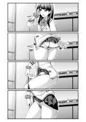 Rule 34 | 10s, 1girl, 4koma, absurdres, ankoman, ass, black eyes, black hair, bow, bowtie, breasts, cardigan, cellphone, comic, female pubic hair, gridman universe, groin, highres, indoors, legs, long hair, monochrome, open mouth, panties, panty pull, phone, pleated skirt, pubic hair, school uniform, scrunchie, sequential, skirt, smartphone, solo, ssss.gridman, standing, sweater, takarada rikka, talking, talking on phone, thighs, unbuttoned, underwear, undressing, white cardigan, white sweater, wrist scrunchie