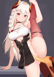 1girl absurdres anchundddd arm_up armpits ass bandeau bare_arms bare_shoulders black_choker black_dress braid breasts character_request choker collarbone dress frills gluteal_fold grey_background grin hair_between_eyes highres horns leg_lift leg_up long_hair looking_at_viewer medium_breasts no_panties pelvic_curtain project-sp red_eyes red_thighhighs short_dress simple_background sleeveless sleeveless_dress smile solo spaghetti_strap split standing standing_on_one_leg standing_split tail tail_censor thigh_strap thighhighs thighs very_long_hair white_bandeau white_hair