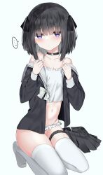 Rule 34 | ..., 1girl, bare shoulders, black choker, black hair, black ribbon, black shirt, black skirt, bow, breasts, camisole, choker, cleavage, closed mouth, collarbone, frilled panties, frills, grey background, hair ribbon, highres, kneeling, long sleeves, looking at viewer, neku (neku draw), no shoes, o-ring, o-ring choker, off shoulder, open clothes, open shirt, original, panties, pleated skirt, puffy long sleeves, puffy sleeves, ribbon, sailor collar, school uniform, serafuku, shirt, simple background, skirt, small breasts, solo, spoken ellipsis, thighhighs, two side up, underwear, unworn skirt, white bow, white camisole, white panties, white sailor collar, white thighhighs