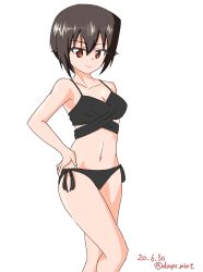 Rule 34 | 1girl, absurdres, bikini, black bikini, breasts, brown eyes, brown hair, closed mouth, commentary, dated, drops mint, girls und panzer, hand on own hip, highres, looking at viewer, medium breasts, navel, nishizumi maho, one-hour drawing challenge, short hair, side-tie bikini bottom, simple background, smile, solo, standing, swimsuit, twitter username, white background