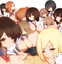Rule 34 | 1boy, 6+girls, blonde hair, breasts, brown eyes, brown hair, clothed sex, clothes lift, commentary request, cowgirl position, girl on top, group sex, harem, large breasts, looking at viewer, morokoshitaroh, multiple girls, naughty face, nipples, open clothes, open shirt, original, pimp, pov, sex, shirt, shirt lift, short hair, simple background, skirt, smile, straddling, white background