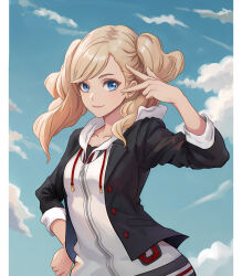 Rule 34 | 1girl, absurdres, black jacket, blonde hair, blue eyes, blue sky, buttons, closed mouth, cloud, collarbone, earrings, hand on own hip, highres, hood, hood down, jacket, jewelry, lips, long hair, looking at viewer, mixed-language commentary, open clothes, open jacket, persona, persona 5, pigsir13152, pink lips, school uniform, shuuchiin academy school uniform, sky, sleeves rolled up, smile, solo, swept bangs, takamaki anne, twintails, w, wavy hair