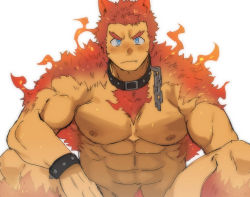 Rule 34 | 1boy, abs, animal collar, bad id, bad pixiv id, bara, blue eyes, blush, body fur, bracelet, chest hair, collar, dog boy, fang, feet out of frame, fire, forked eyebrows, frown, jewelry, large pectorals, looking at viewer, male focus, male pubic hair, muscular, navel, nipples, nude, original, pectorals, pubic hair, sagami jon, short hair, solo, thighs, white background
