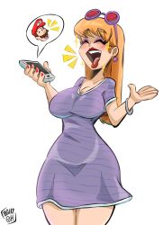 Rule 34 | 1girl, absurdres, blush, breasts, brooklyn lady (mario), brown hair, cellphone, cleavage, closed eyes, earrings, eyeshadow, facial hair, grin, hat, highres, jewelry, large breasts, laughing, lipstick, long hair, maikyoh, makeup, mario, mario (series), mustache, nintendo, open mouth, phone, skirt, smile, standing, sunglasses, the super mario bros. movie
