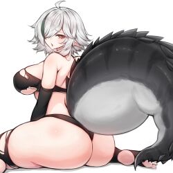 Rule 34 | 1girl, absurdres, aged up, arknights, ass, bikini, black bikini, black thighhighs, breasts, crocodilian tail, from behind, grey hair, hair over one eye, highres, large breasts, large tail, looking at viewer, looking back, multicolored hair, open mouth, pointy ears, rikuguma, short hair, simple background, sitting, skindentation, solo, stirrup legwear, streaked hair, swimsuit, tail, thighhighs, toeless legwear, tomimi (arknights), torn bikini, torn clothes, two-tone hair, wariza, white background