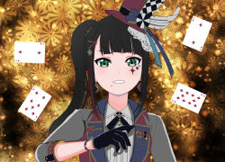 Rule 34 | 1girl, absurdres, alternate hairstyle, artist name, artist request, back ribbon, black corset, black gloves, black hair, black neckerchief, blue bow, blunt bangs, bow, breasts, buttons, card, collared shirt, corset, dia&#039;s illusion (love live!), double horizontal stripe, dress, dress shirt, earrings, elbow sleeves, female focus, floating hair, flower, gem, gloves, green eyes, hair ornament, hairclip, hairpin, hat, hat bow, hat feather, heart, heart (symbol), heart print, high ponytail, highres, jewelry, kurosawa dia, long hair, looking at viewer, love live!, love live! school idol festival, love live! school idol festival all stars, love live! sunshine!!, mole, mole under mouth, multicolored hair, neckerchief, pearl (gemstone), ponytail, red hat, red vest, ribbon, shirt, solo, spade (shape), spade print, sparkle, sparkle print, teeth, top hat, upper body, vest, white shirt, wing collar, yellow ribbon