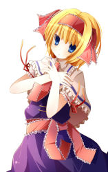 Rule 34 | 1girl, alice margatroid, alternate hairstyle, bad id, bad pixiv id, blonde hair, blue dress, blue eyes, capelet, dress, female focus, hair ribbon, hands on own chest, rairateru, ribbon, sash, solo, touhou, upper body