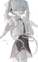 Rule 34 | 1girl, absurdres, angel, angel wings, black necktie, black skirt, blush, closed mouth, ema (613mitzvot), hatsune miku, highres, long hair, necktie, pale skin, shirt, short sleeves, skirt, solo, twintails, vocaloid, white background, white eyes, white hair, white shirt, white theme, wings