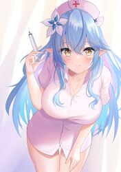 Rule 34 | 1girl, absurdres, ahoge, alternate costume, blue hair, blush, breasts, buttons, cleavage, closed mouth, collared dress, colored tips, cowboy shot, cross, dress, elf, eyes visible through hair, flower, greek cross, hair between eyes, hair flower, hair ornament, hand on own thigh, hat, heart, heart ahoge, highres, holding, holding syringe, hololive, large breasts, leaning forward, long hair, looking at viewer, microdress, multicolored hair, nurse, nurse cap, onabe no shime, pink dress, pointy ears, red cross, short sleeves, smile, solo, streaked hair, syringe, very long hair, virtual youtuber, white flower, yellow eyes, yukihana lamy