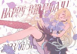 Rule 34 | 1girl, aizawa ema, aizawa ema (1st costume), bare shoulders, black gloves, blonde hair, blue dress, blue flower, blue hair, blue rose, blunt bangs, blush, cat earrings, choker, closed eyes, dress, flower, gloves, gradient hair, hair flaps, hair flower, hair ornament, happy birthday, haremoto, hashtag-only commentary, highres, jewelry, lace, lace-trimmed choker, lace-trimmed skirt, lace choker, lace gloves, lace trim, legs, long hair, multicolored hair, open mouth, rose, simple background, skirt, smile, solo, swept bangs, thigh strap, thighs, twitter username, virtual youtuber, vspo!, white background