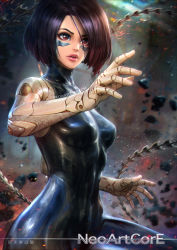 Rule 34 | 1girl, bodysuit, breasts, brown hair, cyborg, alita, battle angel alita, hip focus, lips, medium breasts, neoartcore, nose, parted lips, red eyes, short hair, signature, solo, thighs