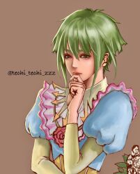 Rule 34 | 1girl, asellus (saga frontier), closed mouth, dress, flower, green eyes, green hair, hand on own chin, highres, lips, looking at viewer, realistic, red flower, red rose, rose, saga, saga frontier, short hair, simple background, solo, techi techi