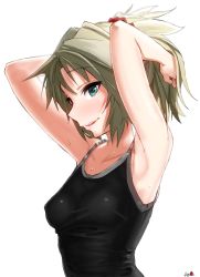 Rule 34 | 1girl, apple (ygbhjdbiulsg), armpits, arms up, blue eyes, breasts, brown hair, covered erect nipples, fate/apocrypha, fate (series), hair ornament, mordred (fate), mordred (fate/apocrypha), ponytail, simple background, small breasts, smile, solo, sweat, tank top, upper body, white background