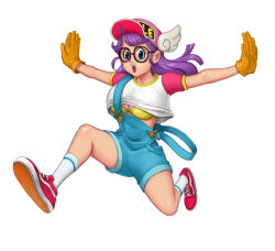 Rule 34 | aged up, blue eyes, bra, breasts, cleavage, clothes writing, dr. slump, glasses, gloves, hat, highres, large breasts, norimaki arale, open mouth, overalls, pantum, purple hair, running, socks, teeth, tongue, underwear, white background, winged hat