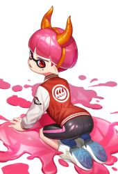 Rule 34 | 1boy, all fours, ass, blunt bangs, bowlcut, commentary request, demon horns, fake horns, fangs, full body, g1 (jjw00123), hairband, highres, horns, ink, inkling, inkling boy, inkling player character, jacket, kneeling, long sleeves, looking at viewer, looking back, male focus, nintendo, open mouth, orange hairband, pink hair, pointy ears, red eyes, red jacket, shiny clothes, shoes, short hair, shorts, sneakers, solo, splatoon (series), white background