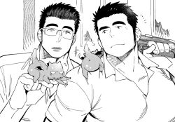 Rule 34 | 2boys, bara, couple, creature, glasses, greyscale, head tilt, holding, kijima hyogo, long sideburns, male focus, protagonist 3 (housamo), monochrome, motoori shiro, multiple boys, muscular, muscular male, on shoulder, partially unbuttoned, pectorals, short hair, sideburns, spiked hair, thick eyebrows, tokyo houkago summoners, upper body