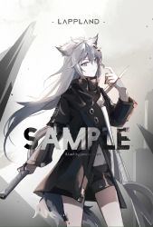 Rule 34 | 1girl, animal ears, arknights, backlighting, black coat, black nails, black shorts, character name, chinese commentary, coat, commentary request, cowboy shot, gradient background, grey eyes, grey hair, hair between eyes, hair ornament, hairclip, hand up, head tilt, highres, holding, holding sword, holding weapon, lappland (arknights), layered sleeves, light particles, long sleeves, material growth, midriff peek, nail polish, oripathy lesion (arknights), sample watermark, shorts, sideways glance, sleeves past wrists, solo, sword, tail, tianye toshi, watermark, weapon, wolf ears, wolf tail