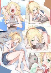 Rule 34 | 1girl, bandeau, belt, biting, blonde hair, blush, breasts, cat, cleavage, cutoffs, denim, denim shorts, ear biting, fangs, fate/grand order, fate (series), fetal position, food, green eyes, highres, ice cream, licking, long hair, looking at viewer, lying, messy hair, mordred (fate), mordred (fate/apocrypha), mordred (memories at trifas) (fate), mozu (peth), multiple views, on side, one eye closed, open mouth, ponytail, shorts, sketch, small breasts, teeth, uvula, yawning