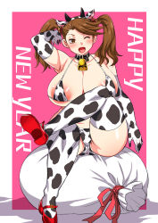 Rule 34 | 1girl, animal ears, animal print, areola slip, arm up, armpits, ass, bag, bikini, breasts, chinese zodiac, choker, collarbone, cow ears, cow horns, cow print, cow print bikini, cowbell, curvy, elbow gloves, fake animal ears, fake horns, gloves, gundam, gundam build fighters, gundam build fighters try, hair ornament, high heels, highres, horns, huge breasts, inverted nipples, looking at viewer, one eye closed, open mouth, print bikini, sazaki kaoruko, shiny skin, sitting, swimsuit, thick thighs, thighhighs, thighs, twintails, year of the ox