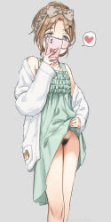 Rule 34 | 1girl, bespectacled, black pubic hair, blush, clothes lift, covered mouth, dress, dress lift, female focus, female pubic hair, fur-trimmed jacket, fur trim, glasses, green dress, grey hairband, hairband, heart, highres, holding, holding phone, ichikawa hinana, idolmaster, idolmaster shiny colors, jacket, kumanomi, lifted by self, light brown hair, looking at viewer, no panties, phone, pubic hair, selfie, sleeveless, sleeveless dress, solo, spoken heart, white jacket