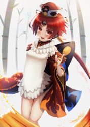 Rule 34 | 1girl, absurdres, bamboo, benienma (fate), black hat, commentary, cowboy shot, day, dutch angle, fate/grand order, fate (series), hat, highres, holding, japanese clothes, kimono, long hair, long sleeves, looking at viewer, open mouth, outdoors, ponytail, red eyes, red hair, short kimono, sky, smile, solo, standing, tacch, very long hair, white sky, wide sleeves