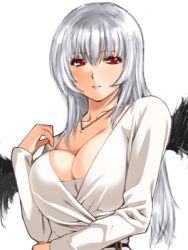 Rule 34 | 00s, 1girl, aged up, alternate breast size, black wings, breasts, cleavage, huge breasts, jewelry, long hair, lowres, necklace, red eyes, rozen maiden, sasagawa (haikaiki), silver hair, simple background, solo, suigintou, third-party edit, wings