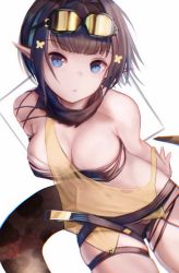 Rule 34 | 1girl, absurdres, arknights, bandeau, bare shoulders, black hair, black panties, black scarf, blue eyes, blunt bangs, chinese commentary, commentary request, cowboy shot, eunectes (arknights), goggles, goggles on head, highres, laozhanshi, looking at viewer, panties, partial commentary, pointy ears, scarf, see-through, short hair, simple background, snake tail, solo, strapless, tail, thigh strap, thighs, torn clothes, tube top, underwear, white background