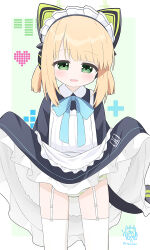 Rule 34 | 1girl, animal ear headphones, animal ears, apron, black dress, blonde dog girl (ri-net), blonde hair, blue archive, blue bow, blush, bow, character watermark, clothes lift, collared dress, dress, dress lift, fake animal ears, frilled apron, frills, garter straps, green background, green eyes, headphones, lifted by self, looking at viewer, low twintails, maid, maid apron, maid headdress, midori (blue archive), midori (maid) (blue archive), panties, ri-net, short twintails, sidelocks, smile, solo, standing, striped clothes, striped panties, tail, thighhighs, twintails, twitter username, two-tone background, underwear, white apron, white background, white thighhighs