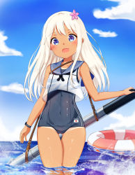 Rule 34 | 1girl, absurdres, bad id, bad pixiv id, blonde hair, blue eyes, blue sky, cloud, crop top, day, flower, hair flower, hair ornament, highres, kantai collection, lifebuoy, ocean, one-piece swimsuit, one-piece tan, open mouth, revision, ro-500 (kancolle), school swimsuit, sky, smile, solo, swim ring, swimsuit, swimsuit under clothes, tan, tanline, torpedo, water, xue lu