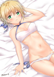 Rule 34 | 1girl, ahoge, arm up, armpits, artoria pendragon (all), artoria pendragon (fate), artoria pendragon (swimsuit archer) (first ascension) (fate), bare arms, bare shoulders, bed sheet, bikini, blonde hair, blue ribbon, blush, braid, breasts, cleavage, cowboy shot, criss-cross halter, crown braid, fate (series), from above, green eyes, groin, hair ribbon, halterneck, hand on own head, highres, lying, medium breasts, navel, on back, parted lips, ribbon, saber (fate), sasha chii, shiny skin, short hair, solo, stomach, swimsuit, thighs, twitter username, white bikini